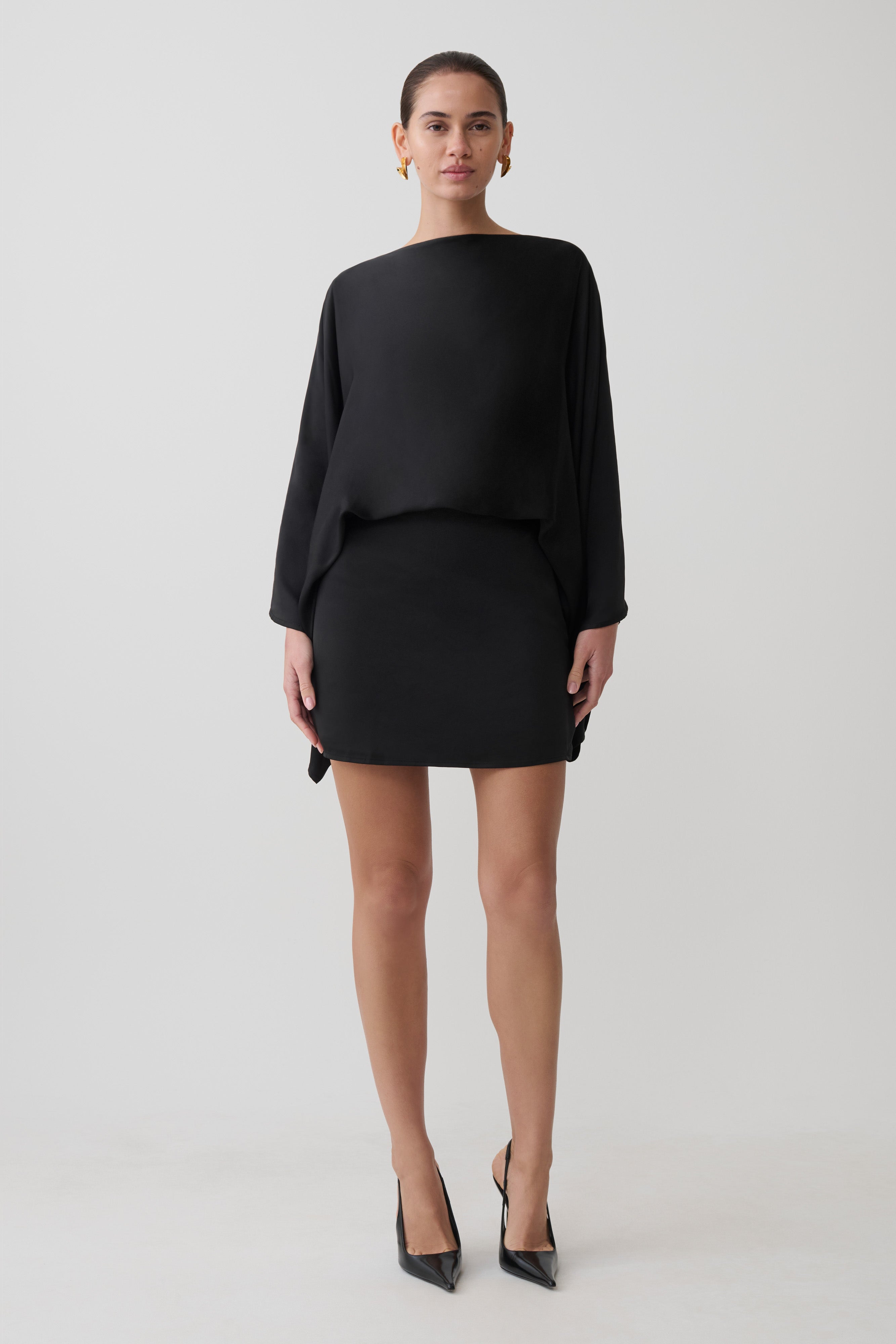 Anoushka Cowl Back Satin Mini Dress in Black – Chic&Drifts