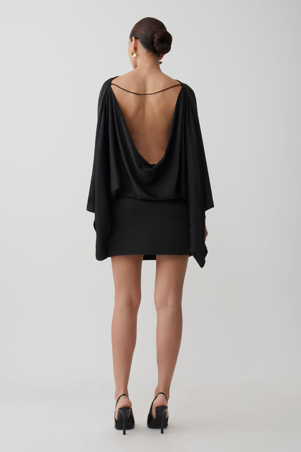 Anoushka Cowl Back Satin Mini Dress in Black – Chic&Drifts