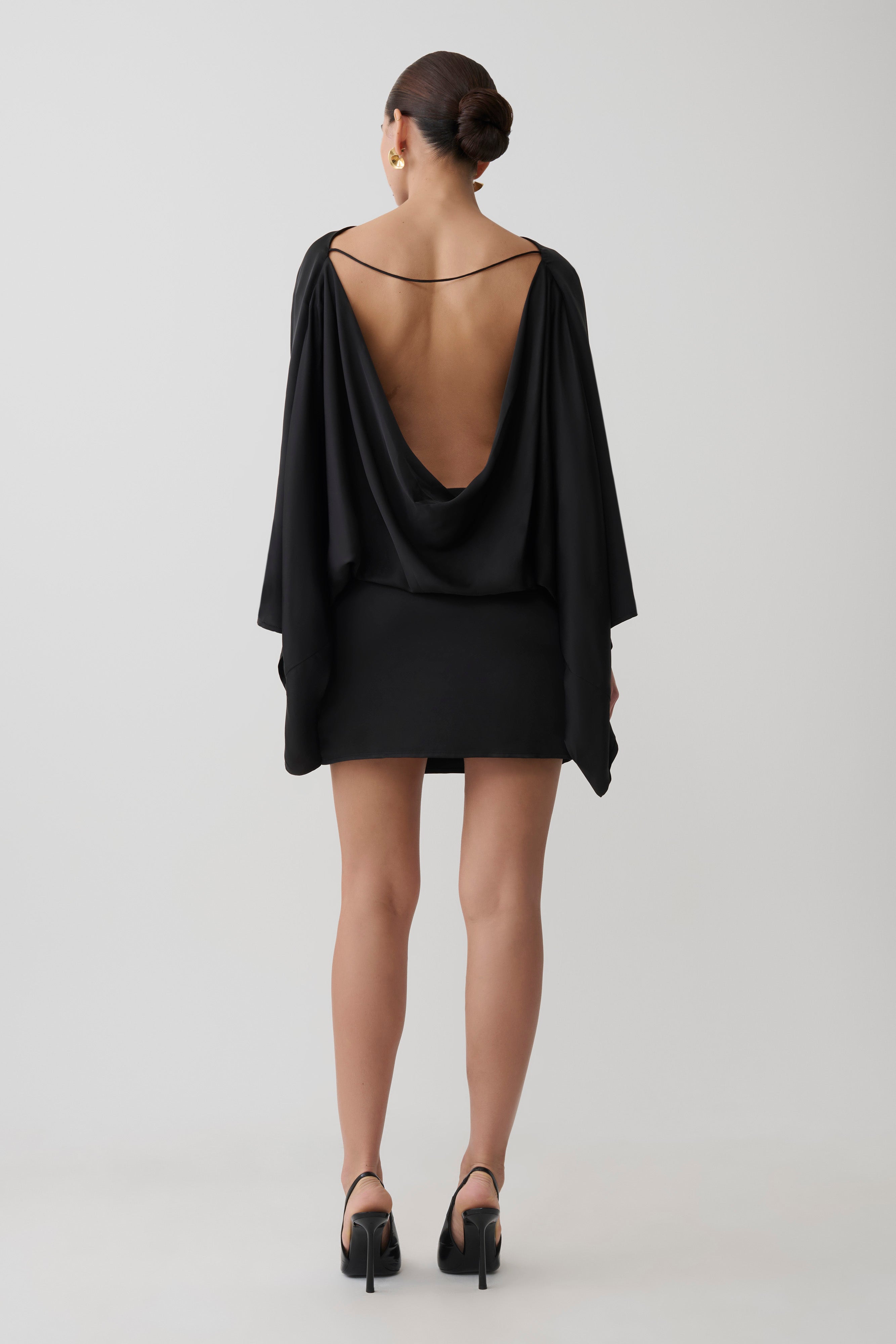 Anoushka Cowl Back Satin Mini Dress in Black – Chic&Drifts