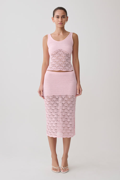 Atlantis Crochet Knit Midi Skirt in Baby Pink – Chic&Drifts