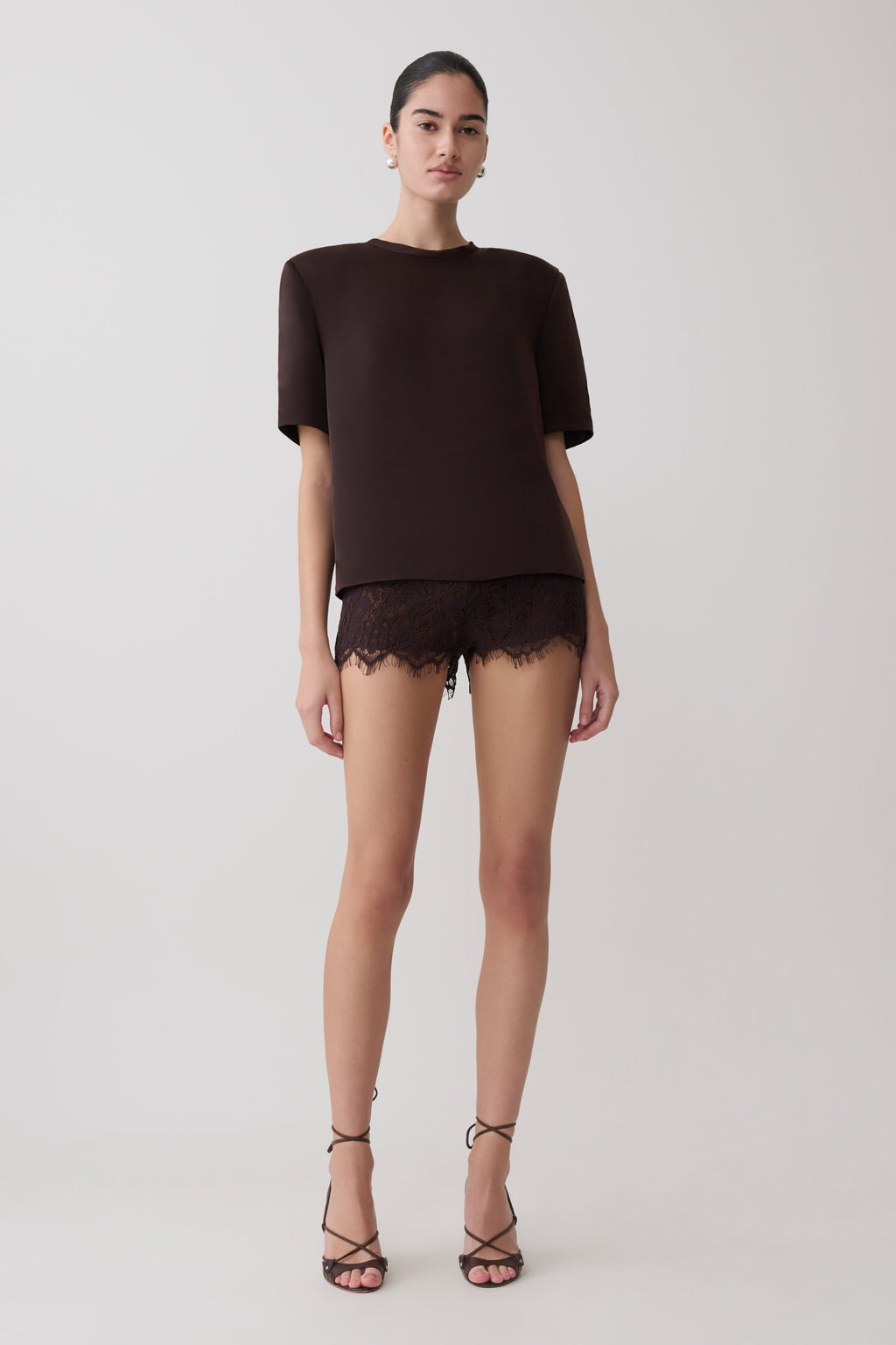 Harlyn Shoulder Pad Short Sleeve Satin Top in Dark Chocolate – Chic&Drifts