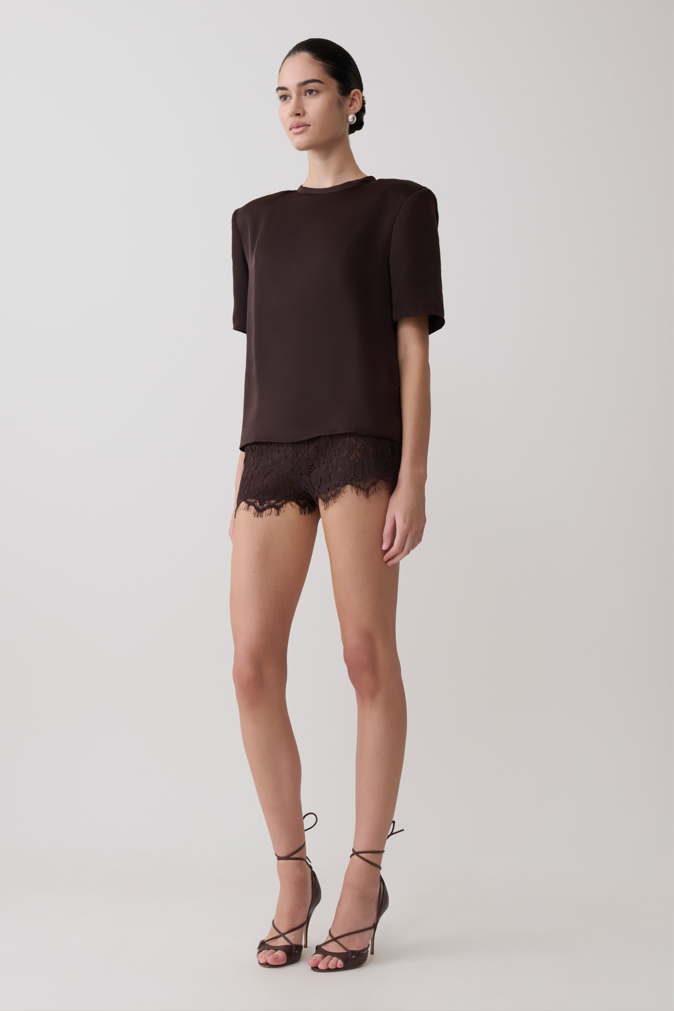 Harlyn Shoulder Pad Short Sleeve Satin Top in Dark Chocolate – Chic&Drifts