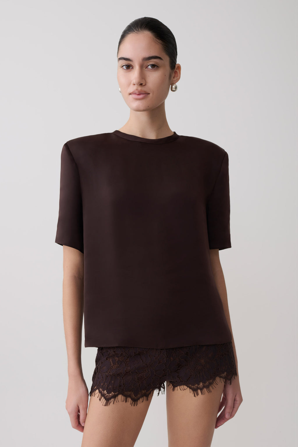 Harlyn Shoulder Pad Short Sleeve Satin Top in Dark Chocolate – Chic&Drifts