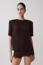 Harlyn Shoulder Pad Short Sleeve Satin Top in Dark Chocolate – Chic&Drifts