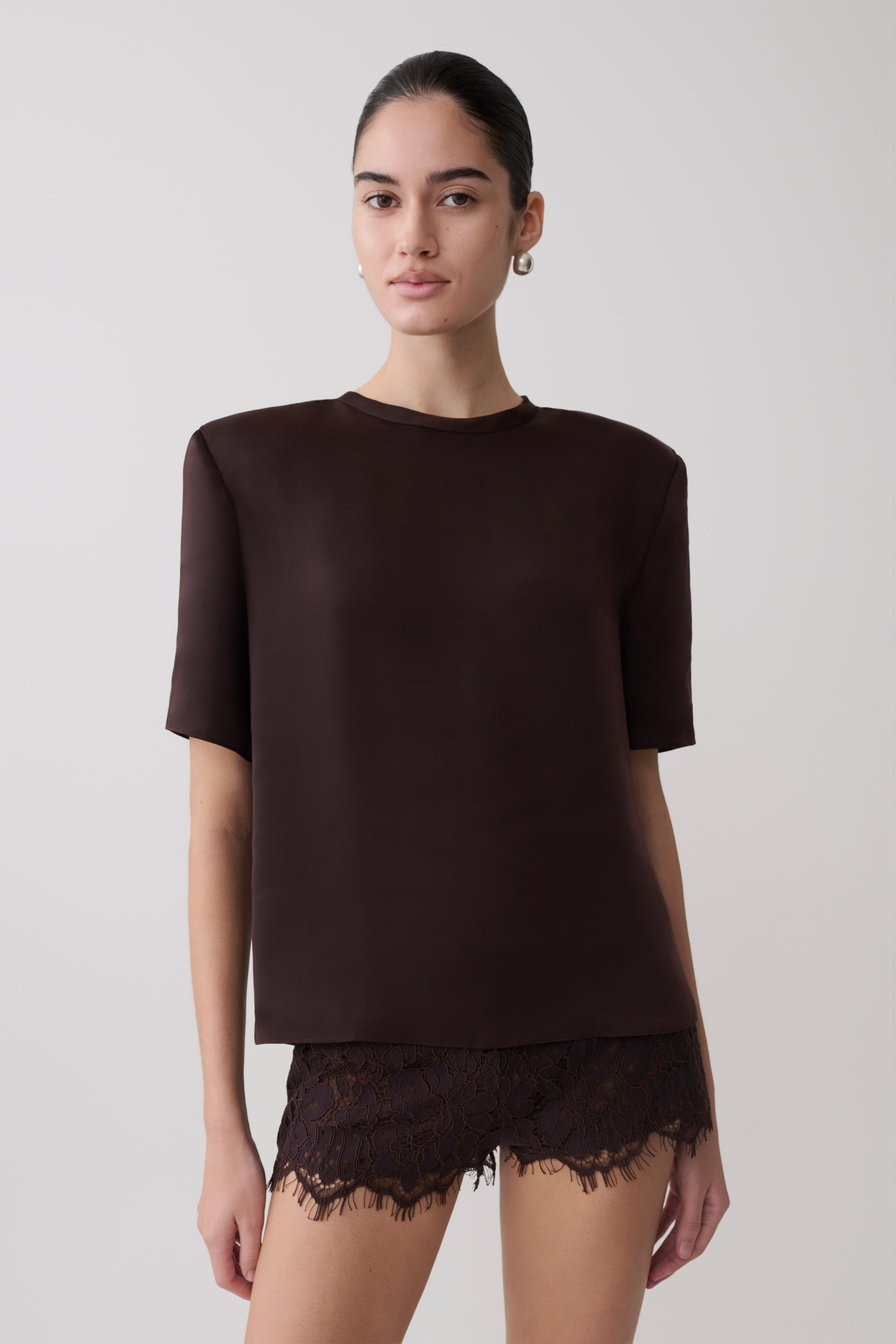 Harlyn Shoulder Pad Short Sleeve Satin Top in Dark Chocolate – Chic&Drifts