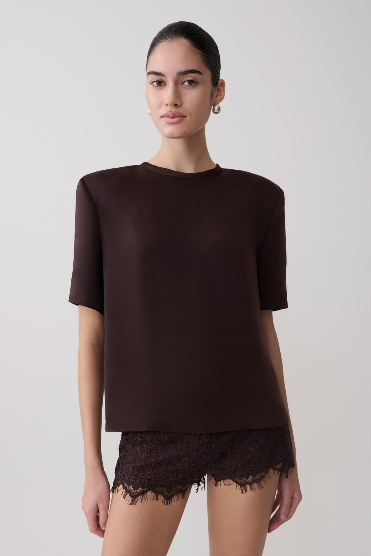 Harlyn Shoulder Pad Short Sleeve Satin Top in Dark Chocolate – Chic&Drifts
