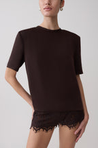 Harlyn Shoulder Pad Short Sleeve Satin Top in Dark Chocolate – Chic&Drifts