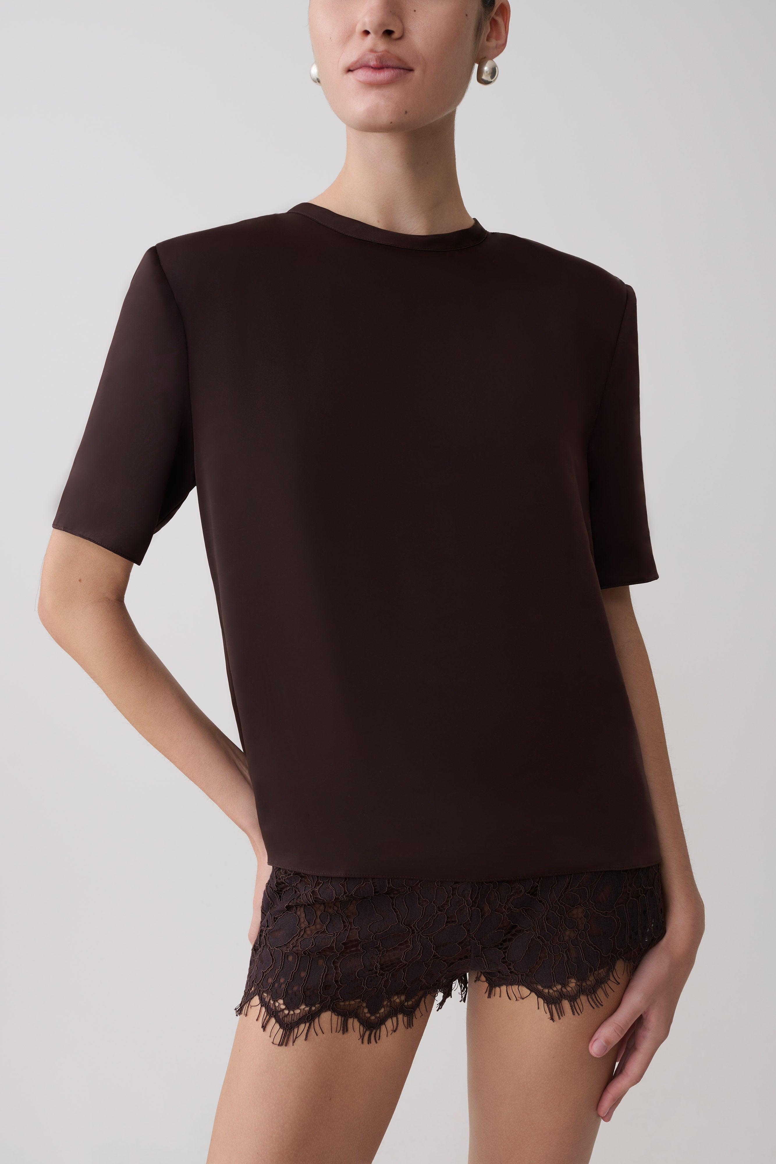 Harlyn Shoulder Pad Short Sleeve Satin Top in Dark Chocolate – Chic&Drifts