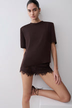 Harlyn Shoulder Pad Short Sleeve Satin Top in Dark Chocolate – Chic&Drifts