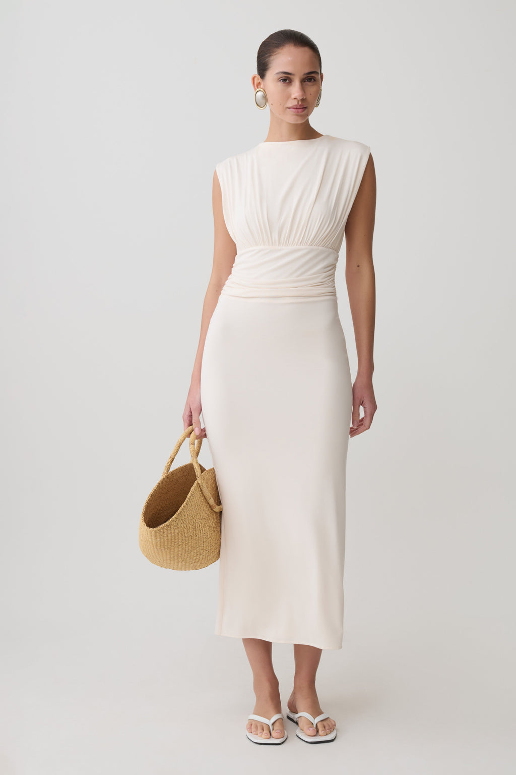 Kura Ruched Modal Sleeveless Midi Dress in Ivory – Chic&Drifts