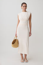Kura Ruched Modal Sleeveless Midi Dress in Ivory – Chic&Drifts
