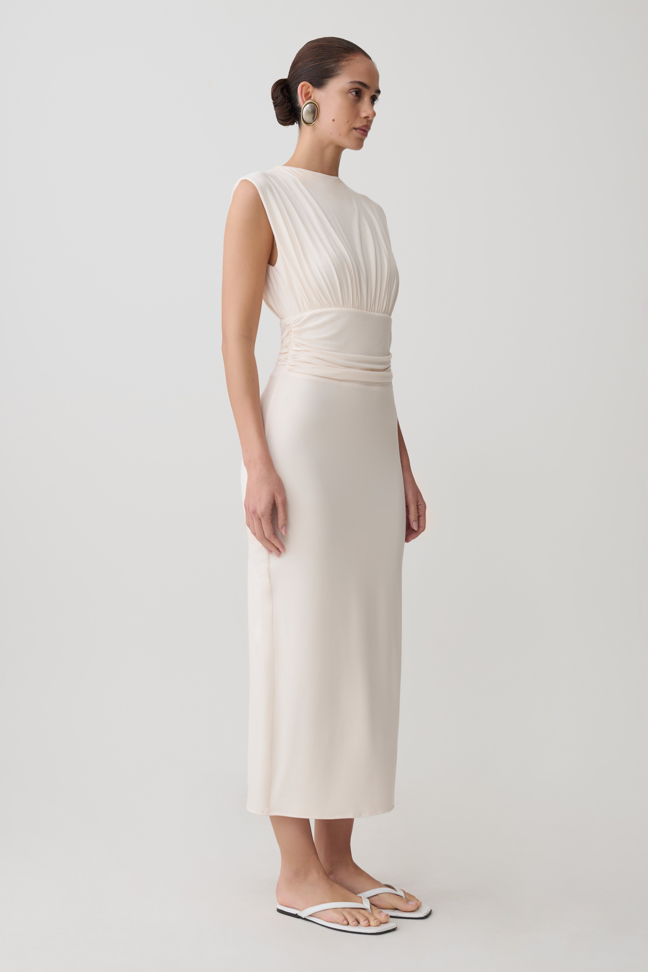 Kura Ruched Modal Sleeveless Midi Dress in Ivory – Chic&Drifts