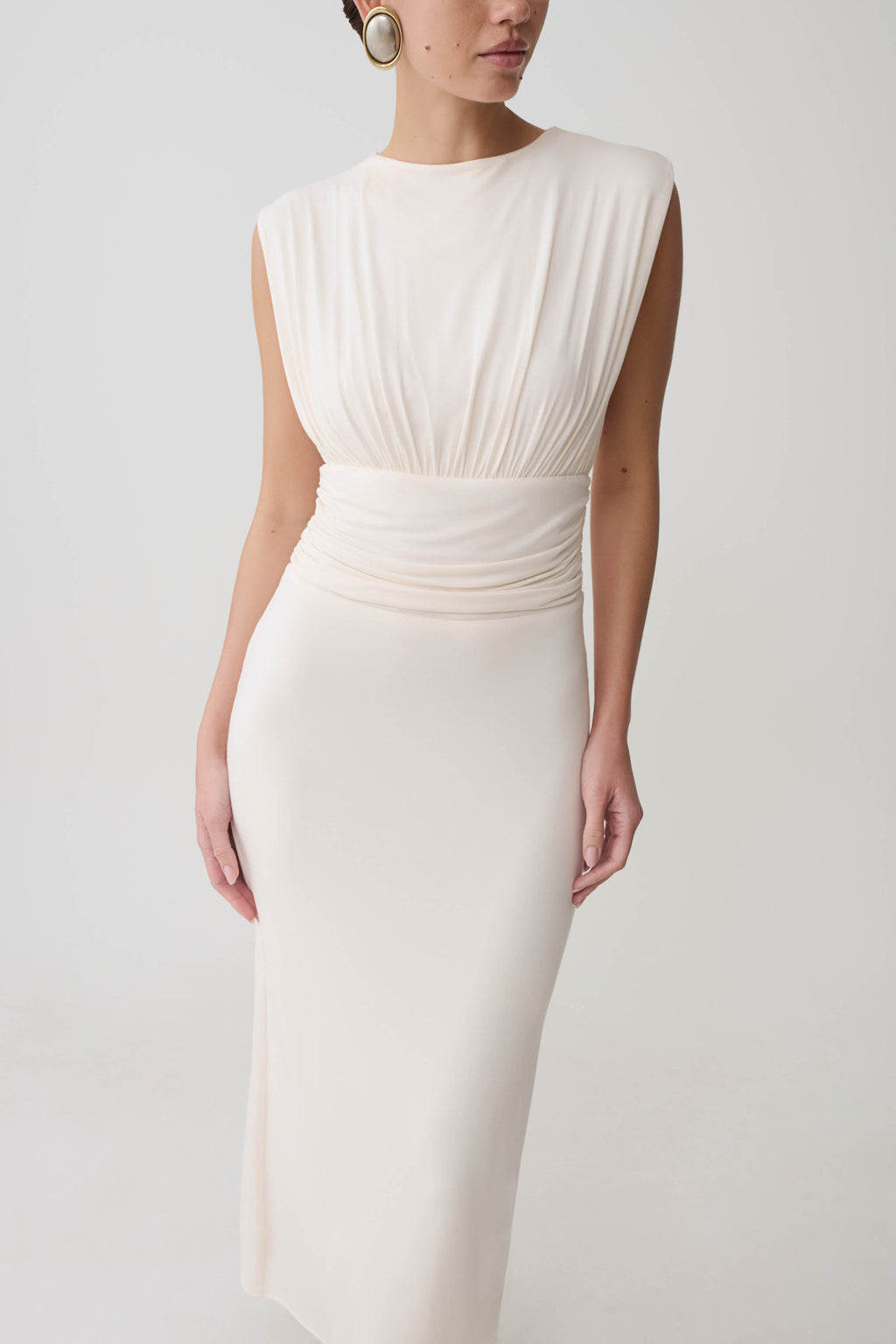 Kura Ruched Modal Sleeveless Midi Dress in Ivory – Chic&Drifts
