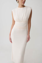Kura Ruched Modal Sleeveless Midi Dress in Ivory – Chic&Drifts