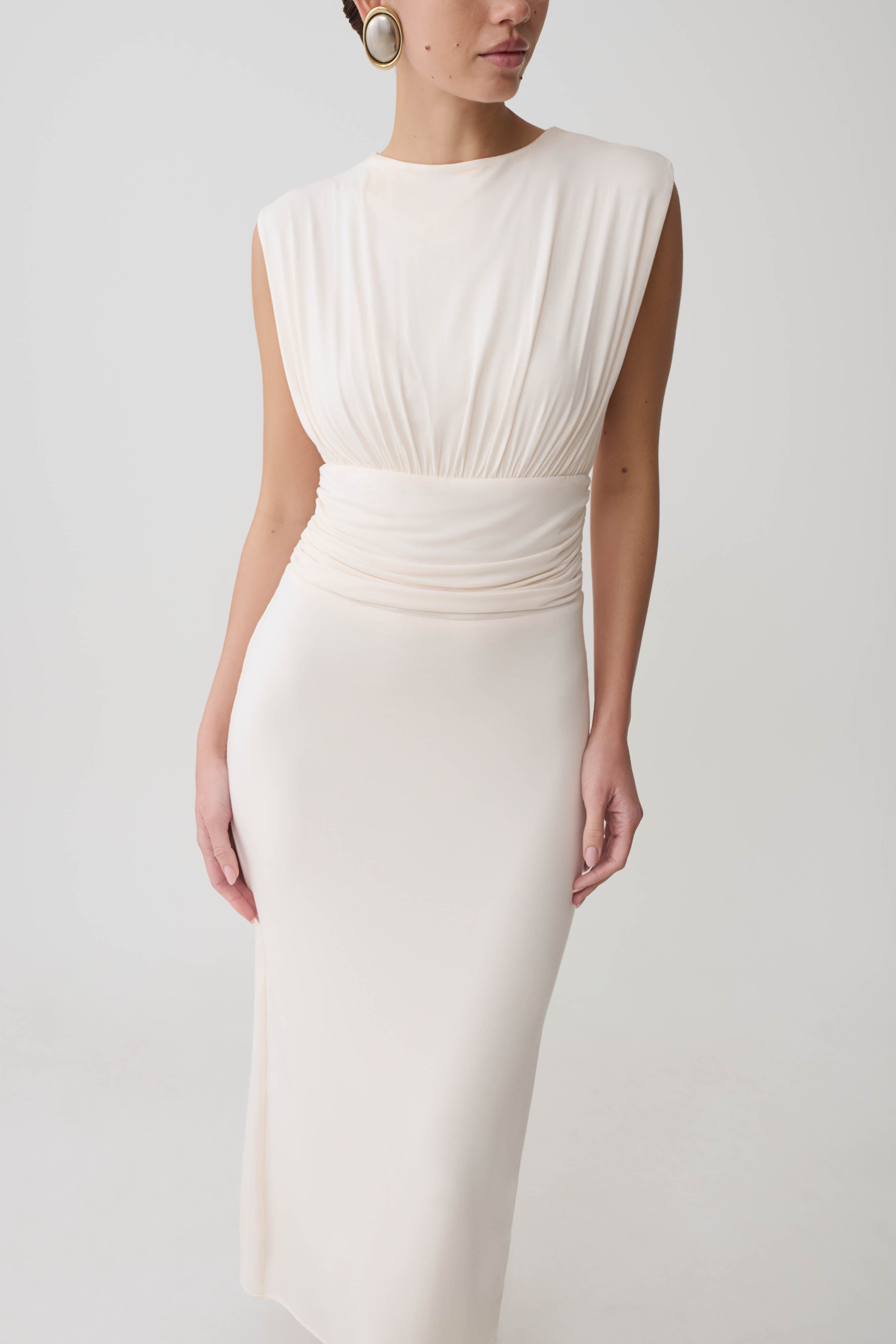 Kura Ruched Modal Sleeveless Midi Dress in Ivory – Chic&Drifts