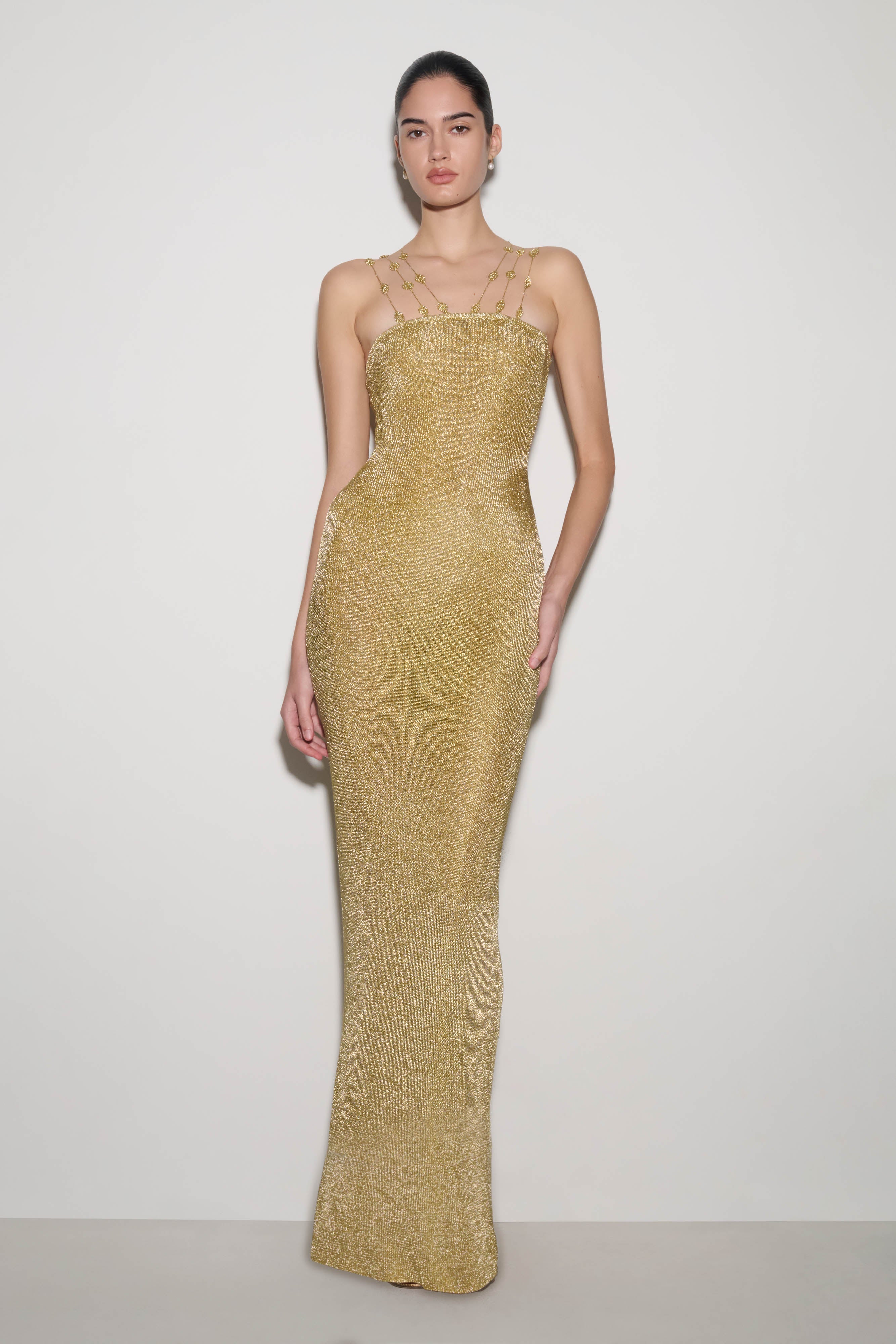 Shami Lurex Maxi Dress With Flowers in Gold – Chic&Drifts