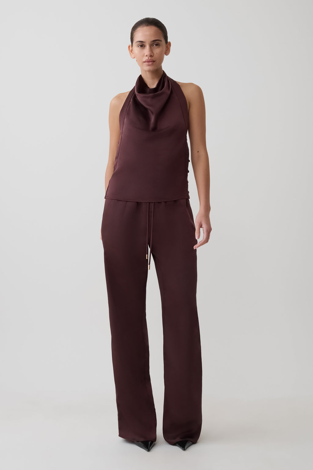 Danica Satin Halter Sleeveless Top in Mahogany – Chic&Drifts