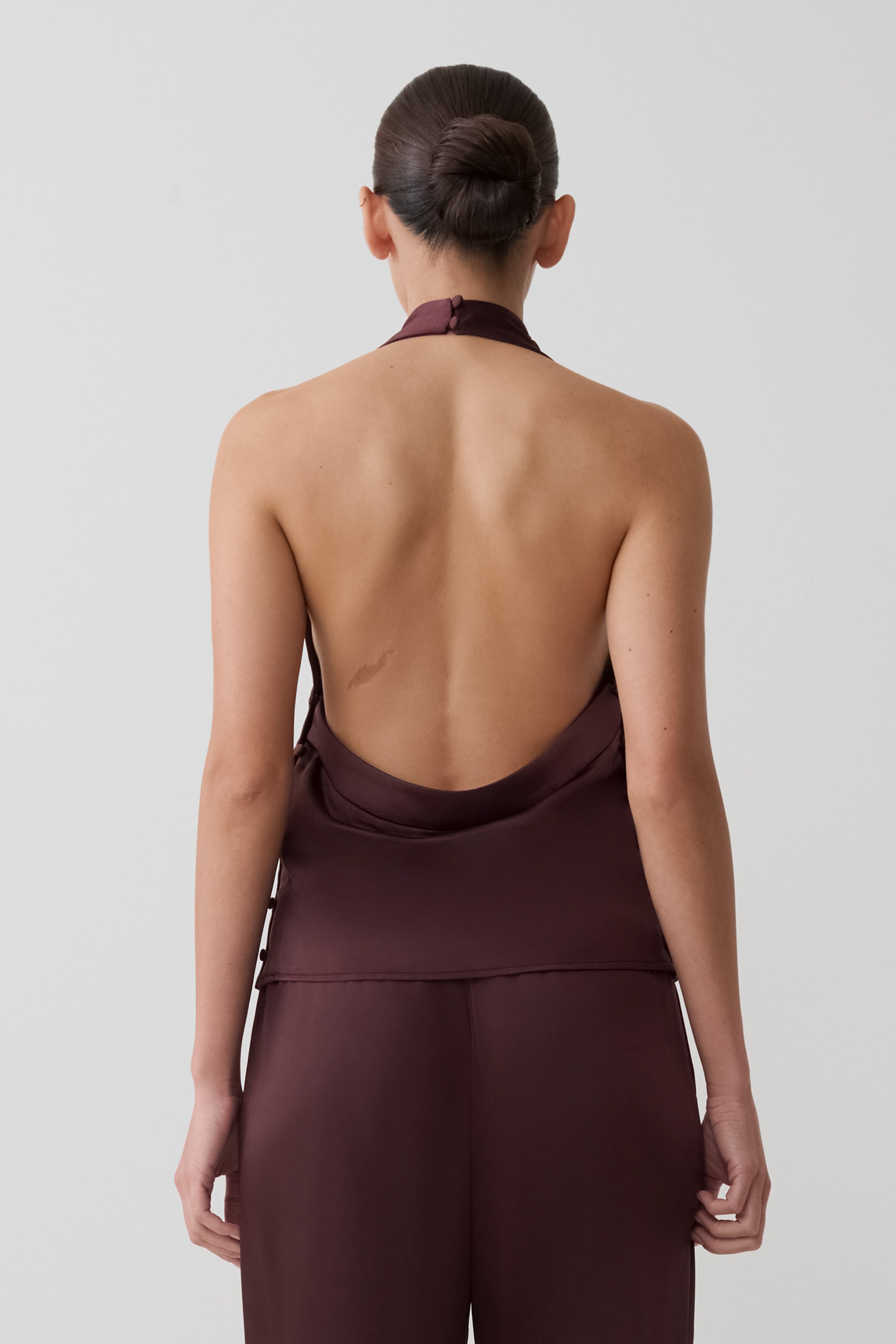 Danica Satin Halter Sleeveless Top in Mahogany – Chic&Drifts