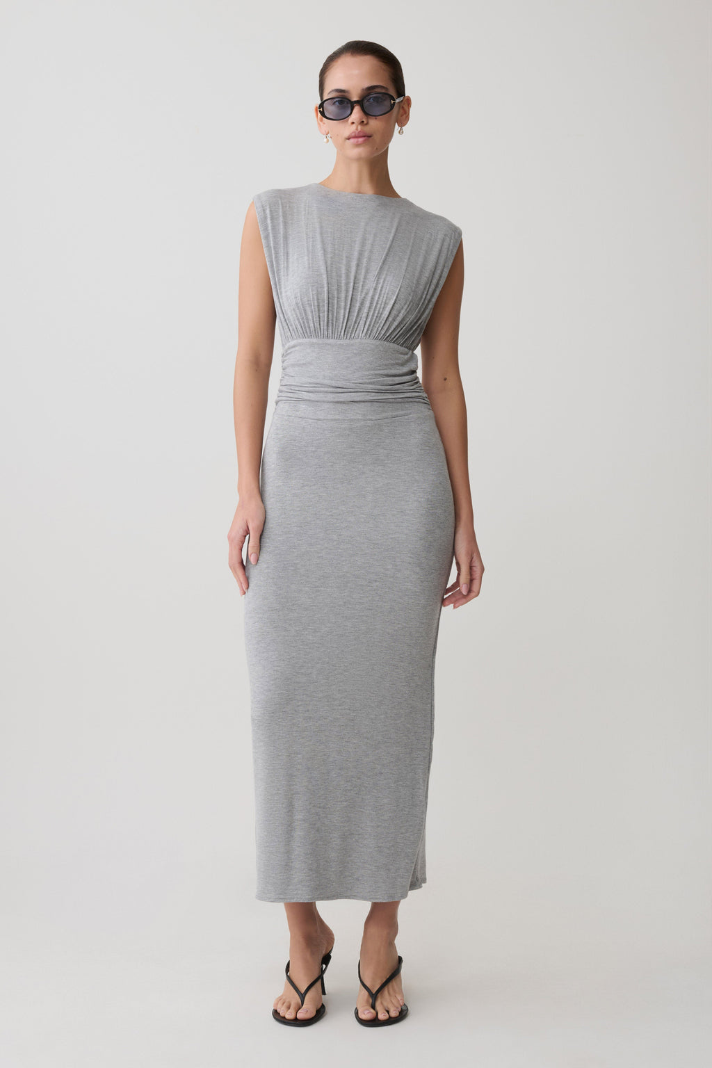 Kura Ruched Modal Sleeveless Midi Dress in Grey Marle – Chic&Drifts