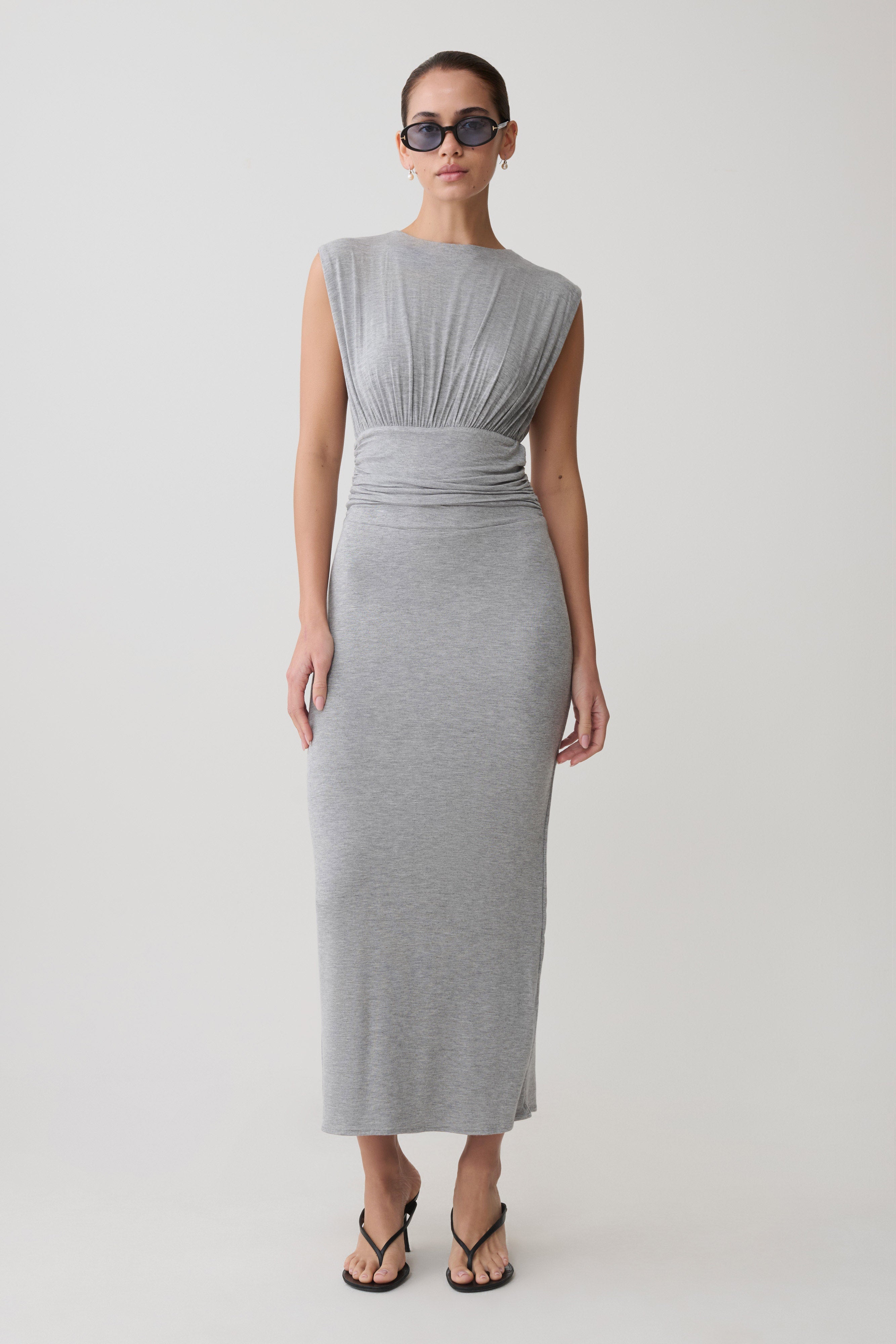 Kura Ruched Modal Sleeveless Midi Dress in Grey Marle – Chic&Drifts