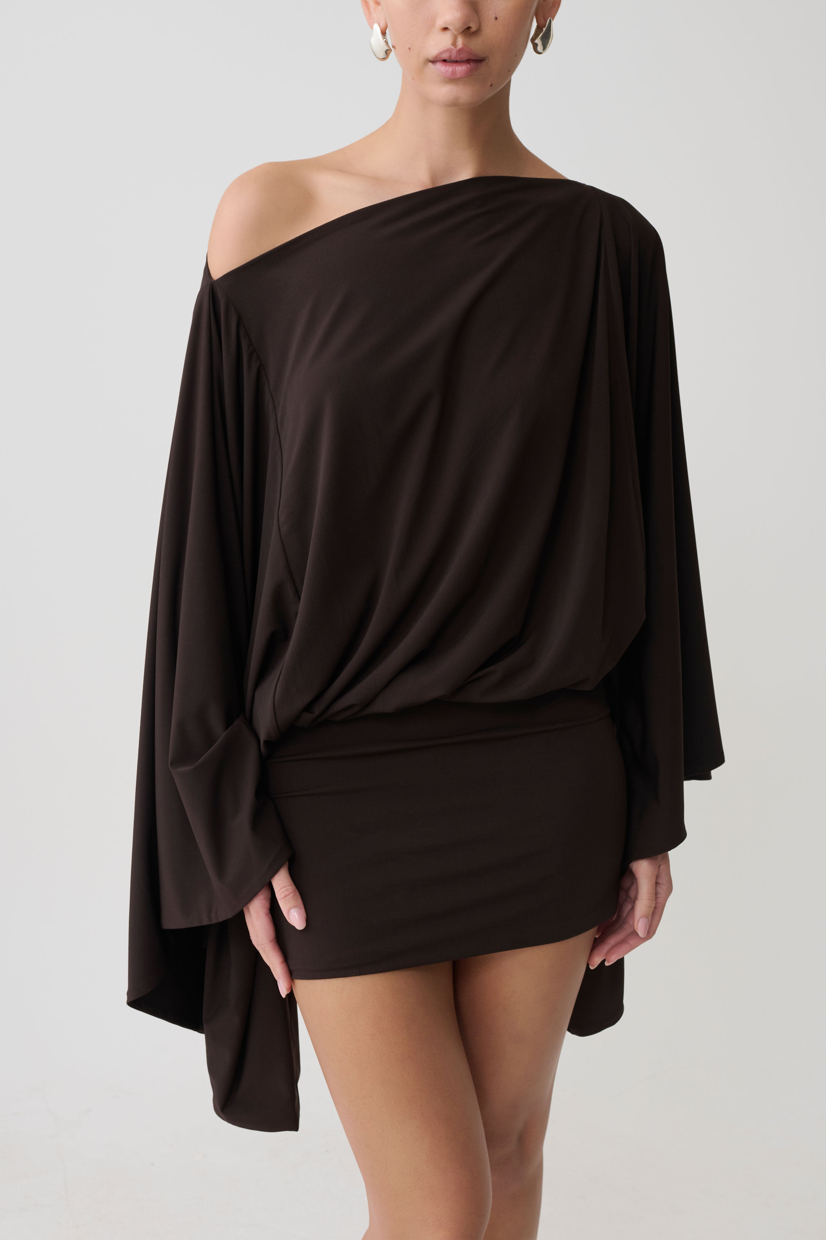 Jessy Draped Mini Dress in Dark Chocolate – Chic&Drifts