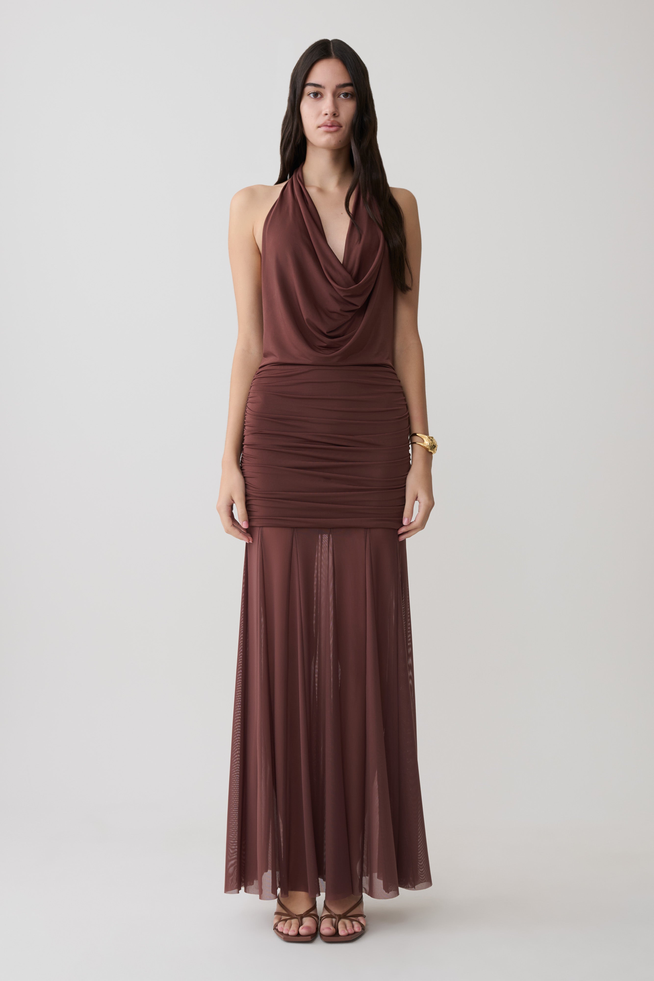 Jorja Draped Halter Slinky Maxi Dress