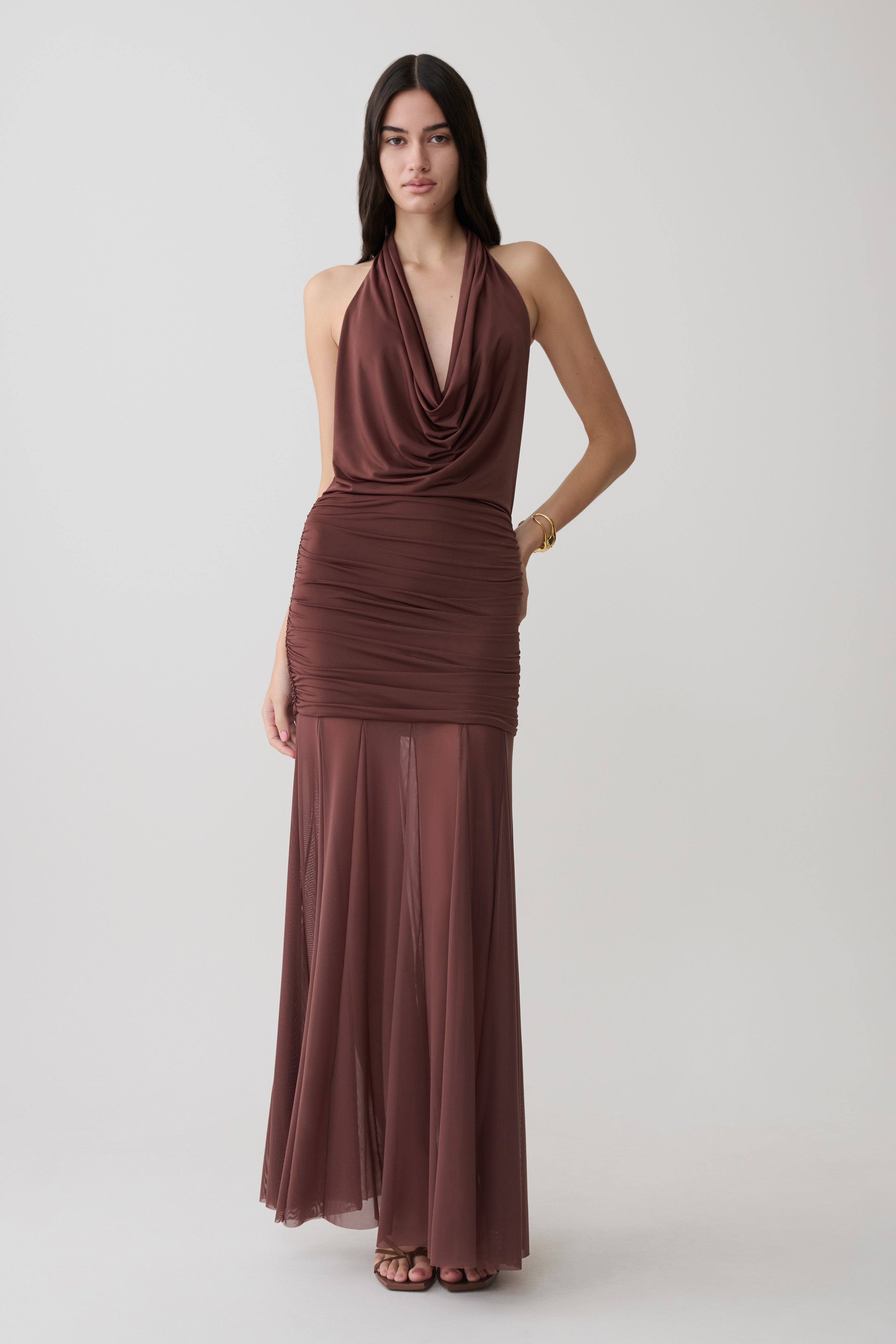 Jorja Draped Halter Slinky Maxi Dress