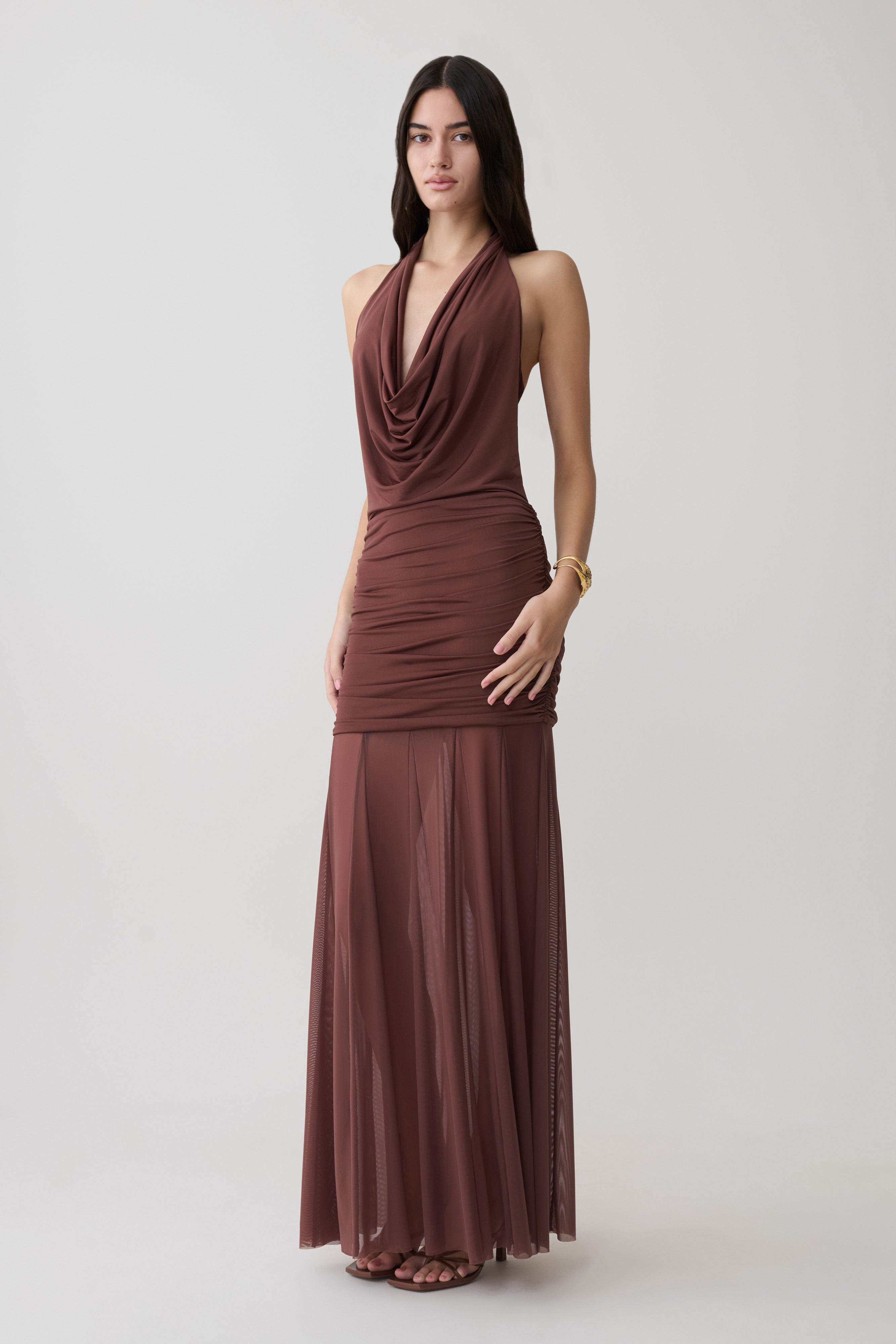 Jorja Draped Halter Slinky Maxi Dress