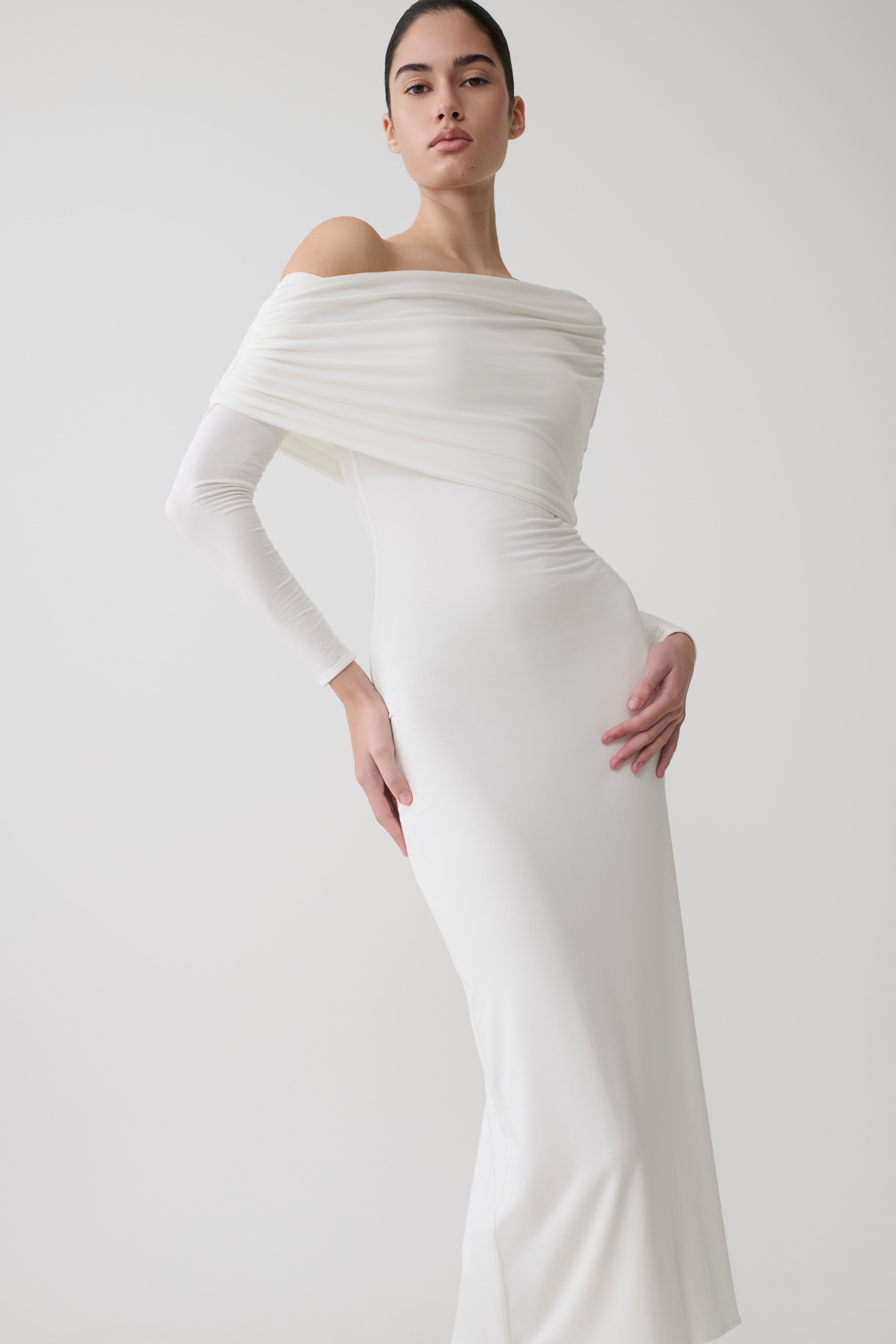 Corinna Modal One Shoulder Midi Dress in White – Chic&Drifts