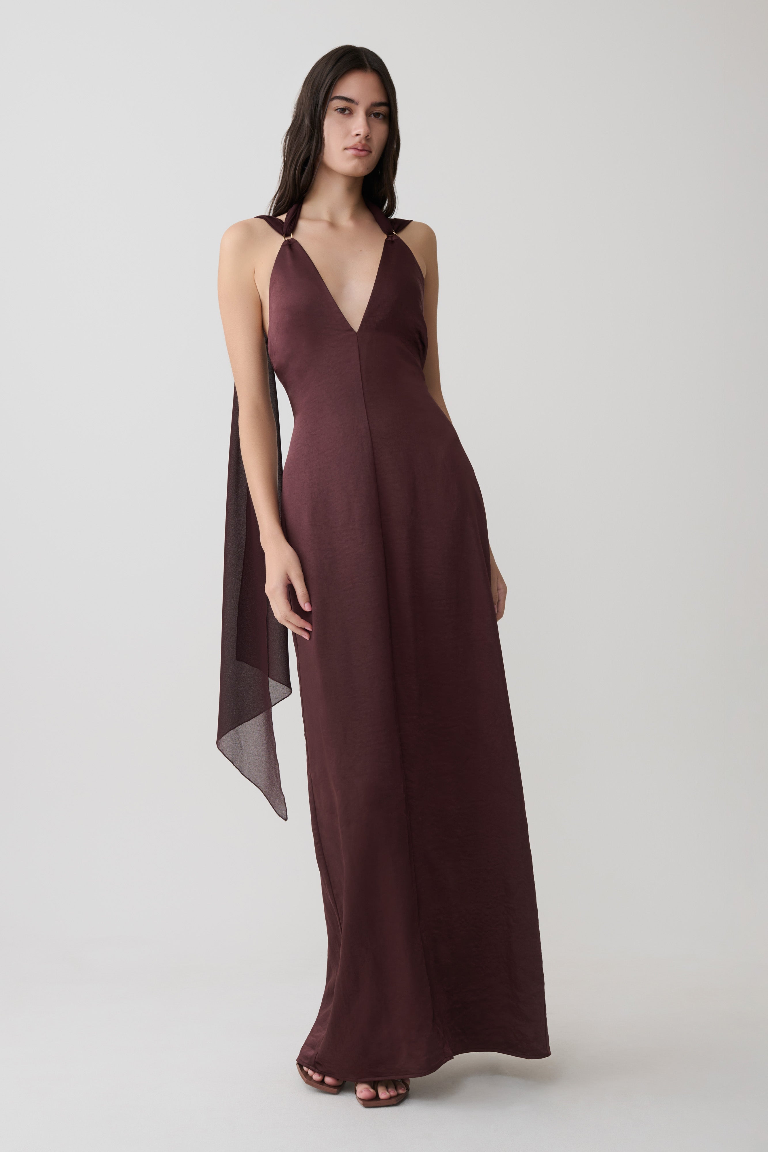 Myla Draped Shoulders Satin Maxi Dress