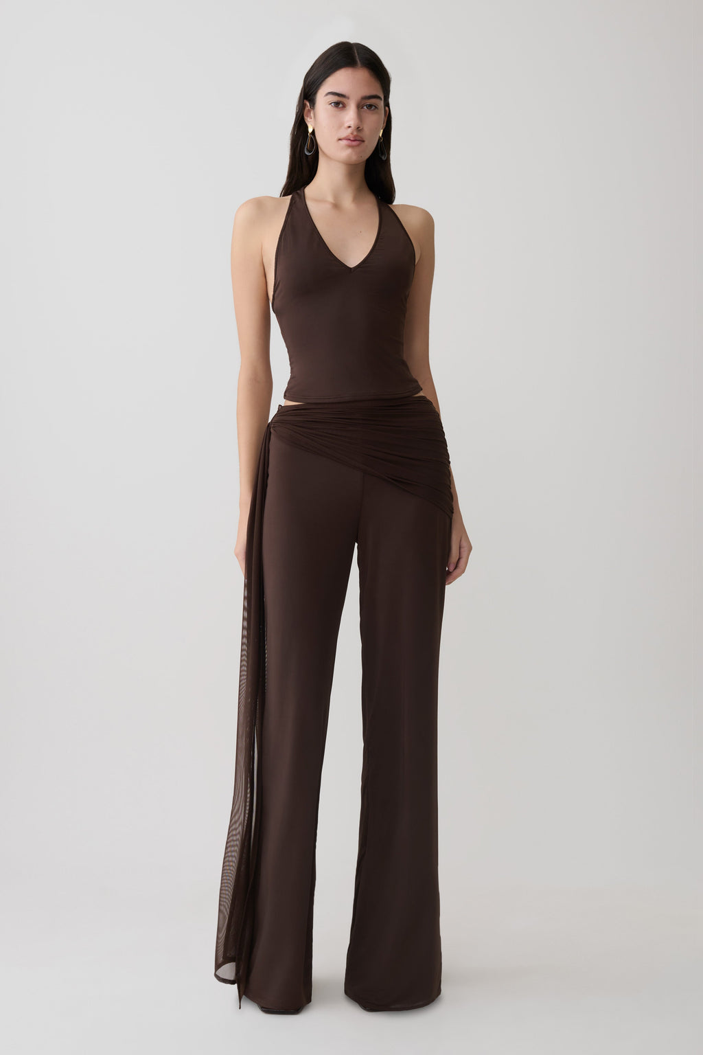 Aspyn Slinky Gathered Wide Leg Trousers - Chocolate