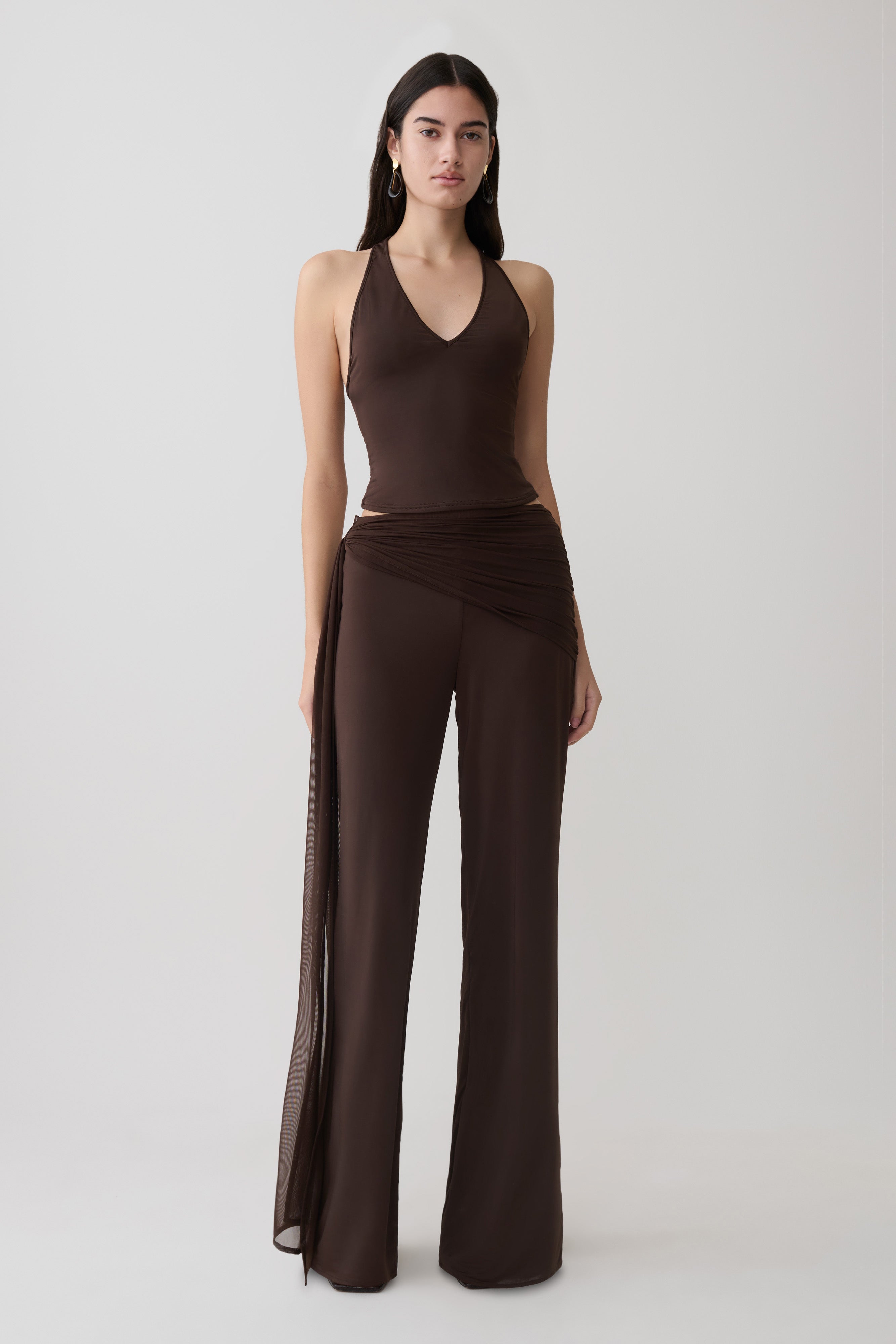 Aspyn Slinky Gathered Wide Leg Trousers - Chocolate