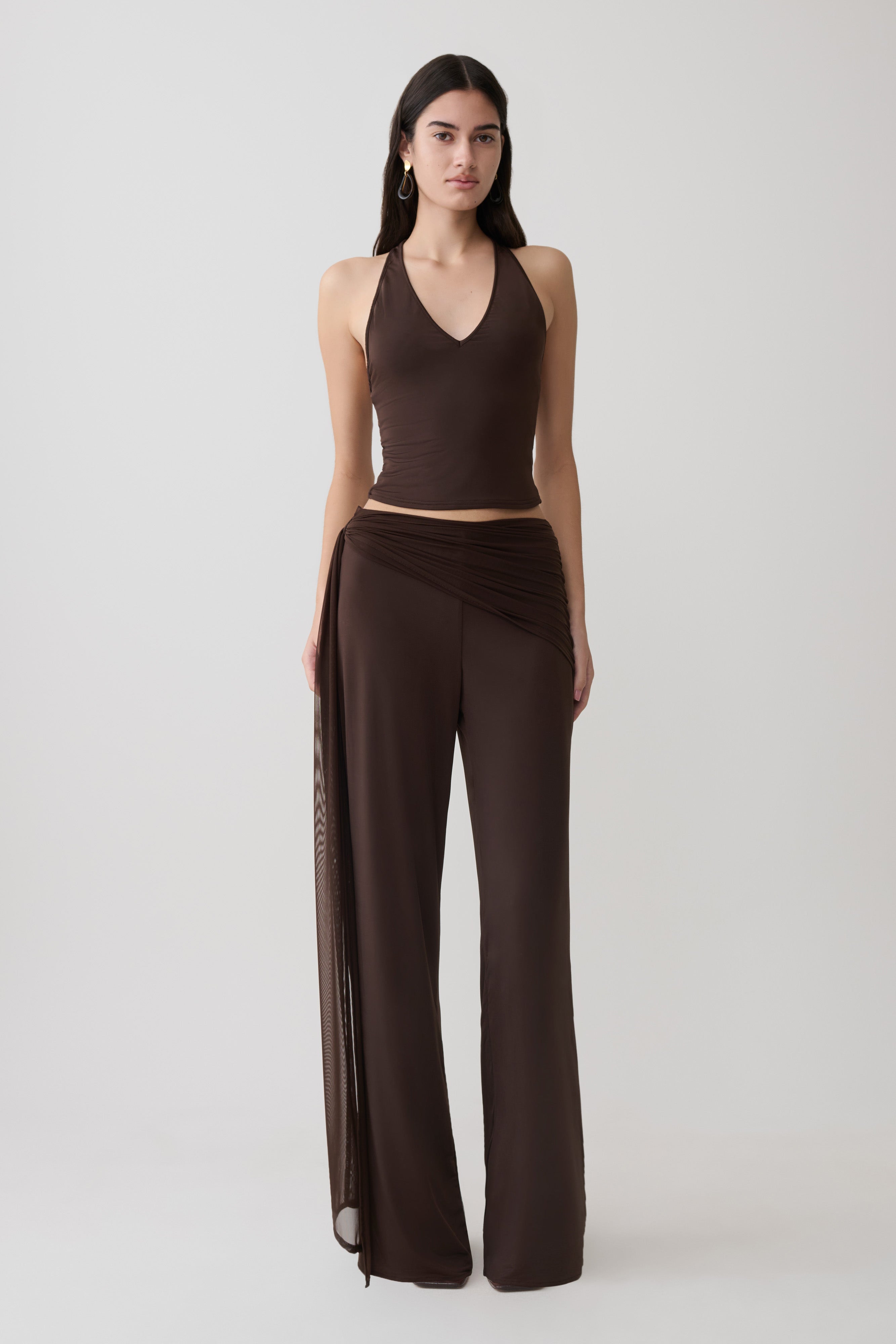 Aspyn Slinky Gathered Wide Leg Trousers - Chocolate