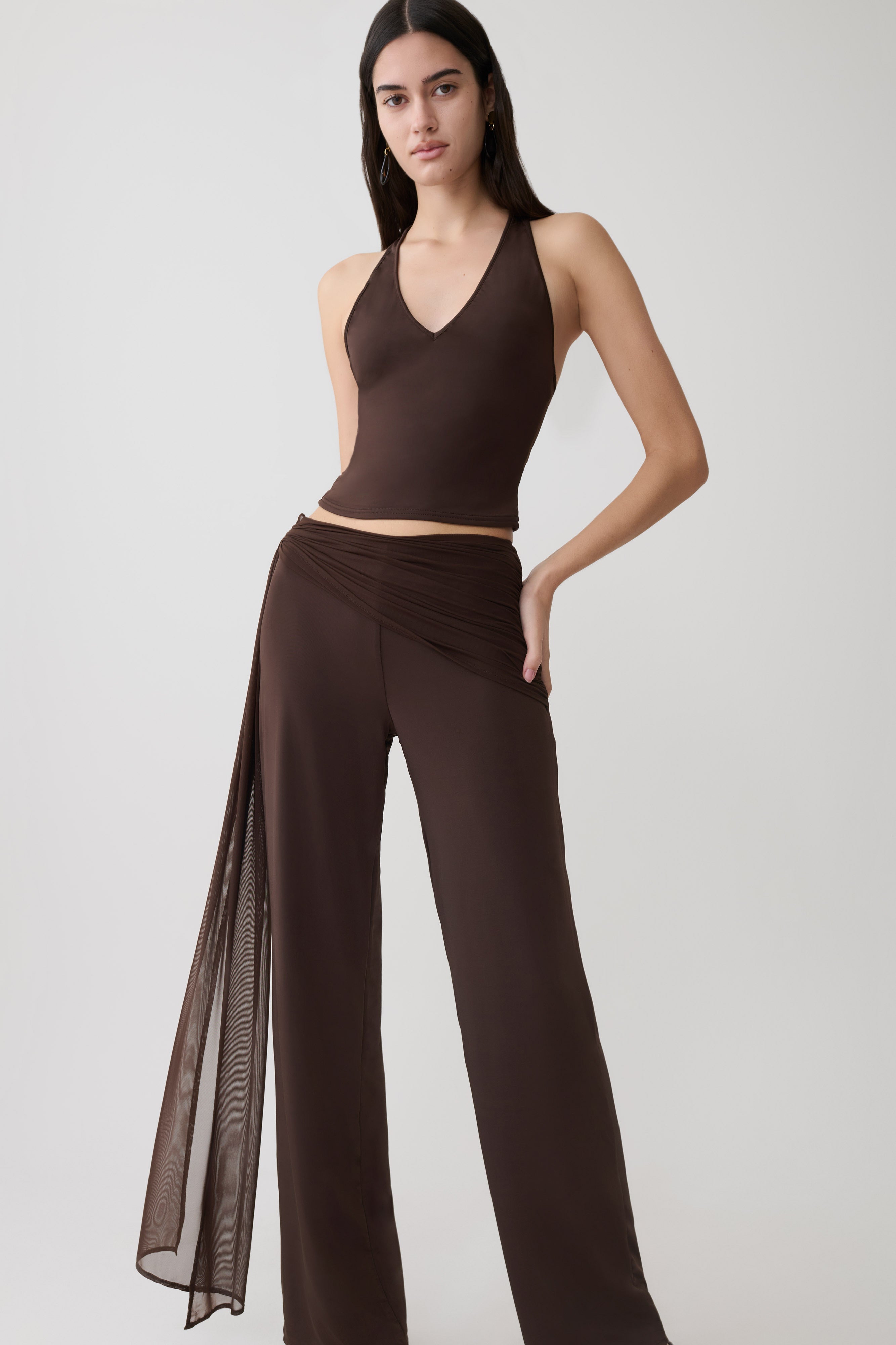 Aspyn Slinky Gathered Wide Leg Trousers - Chocolate