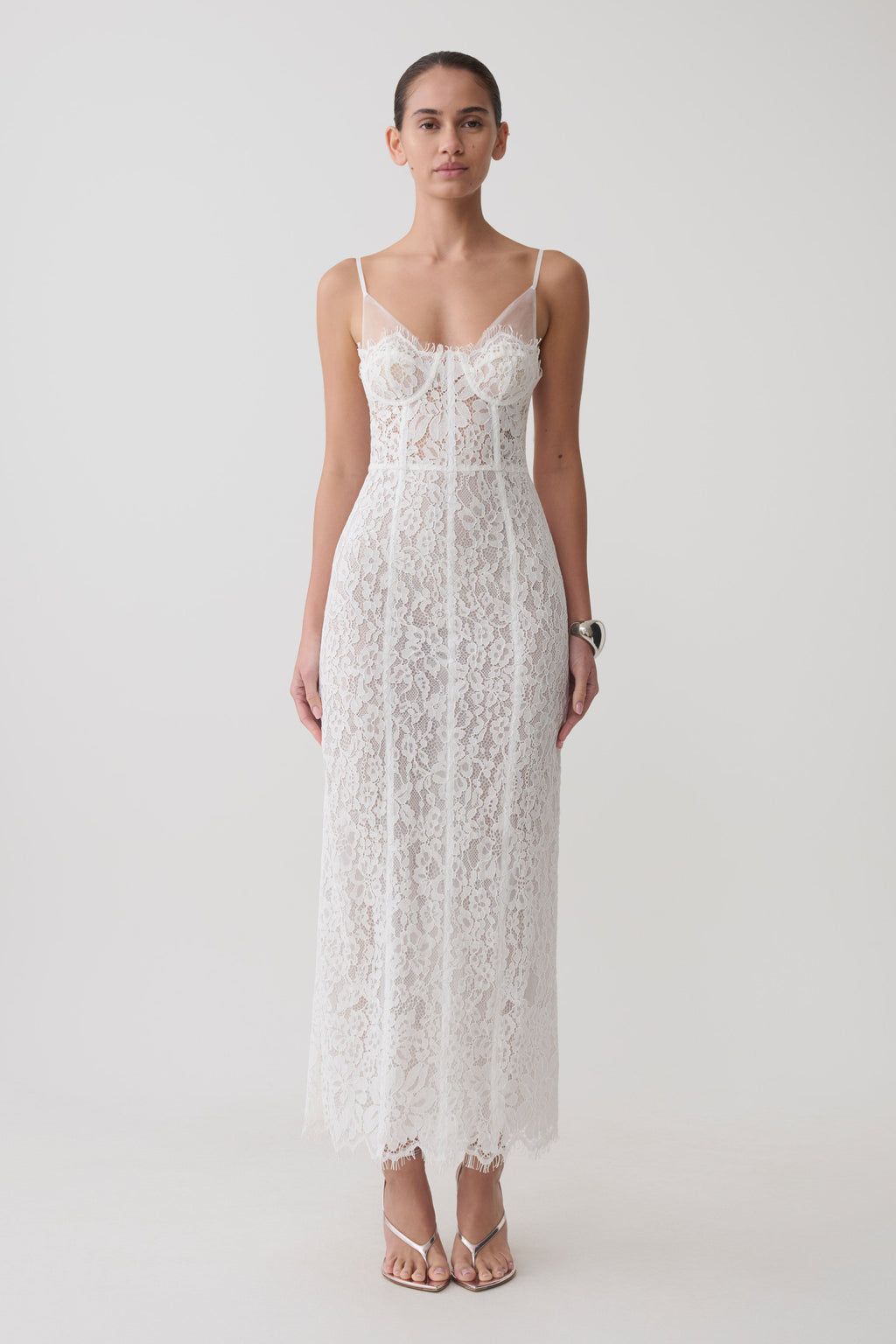 Ottilie Lace And Mesh Midi Dress in White – Chic&Drifts