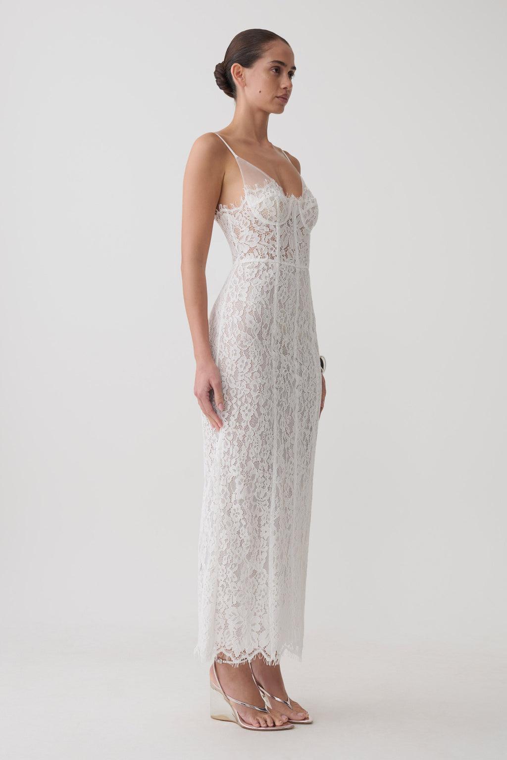 Ottilie Lace And Mesh Midi Dress in White – Chic&Drifts