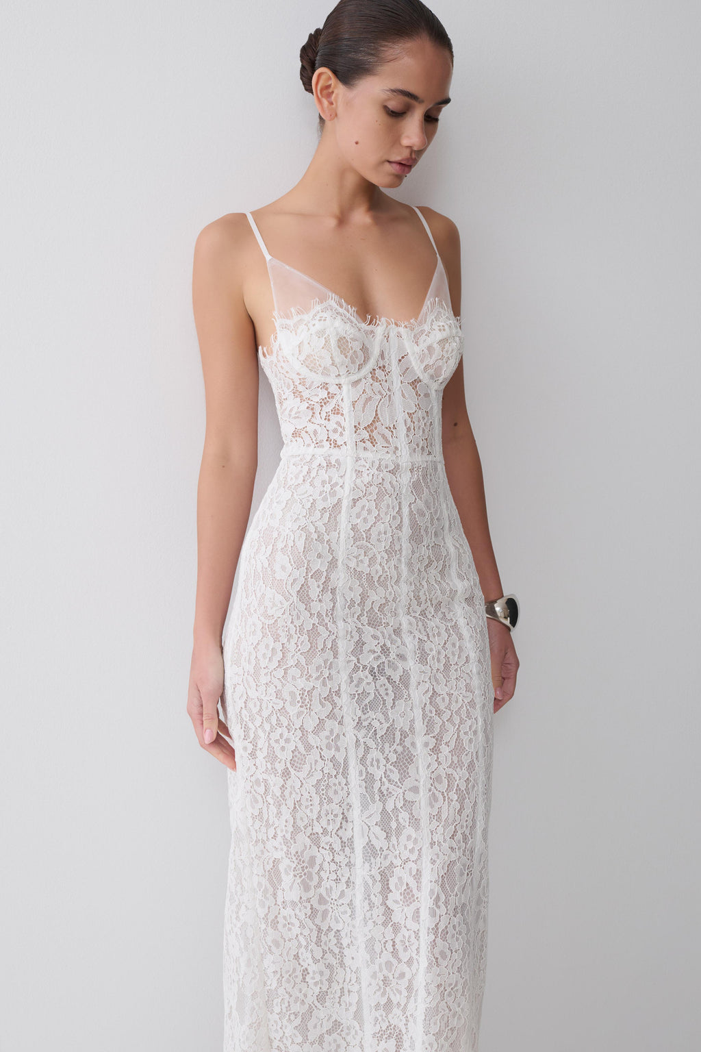 Ottilie Lace And Mesh Midi Dress in White – Chic&Drifts