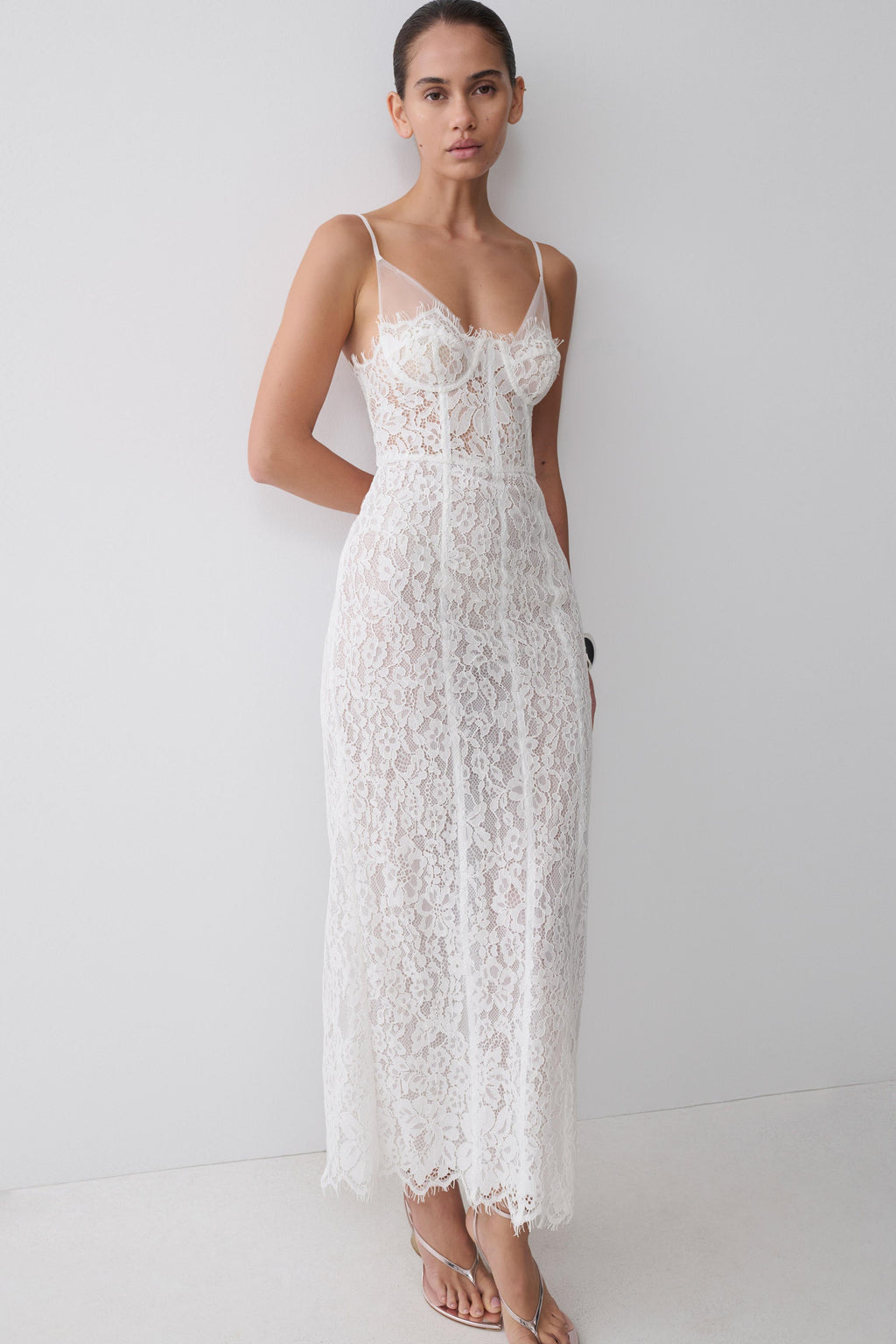 Ottilie Lace And Mesh Midi Dress in White – Chic&Drifts