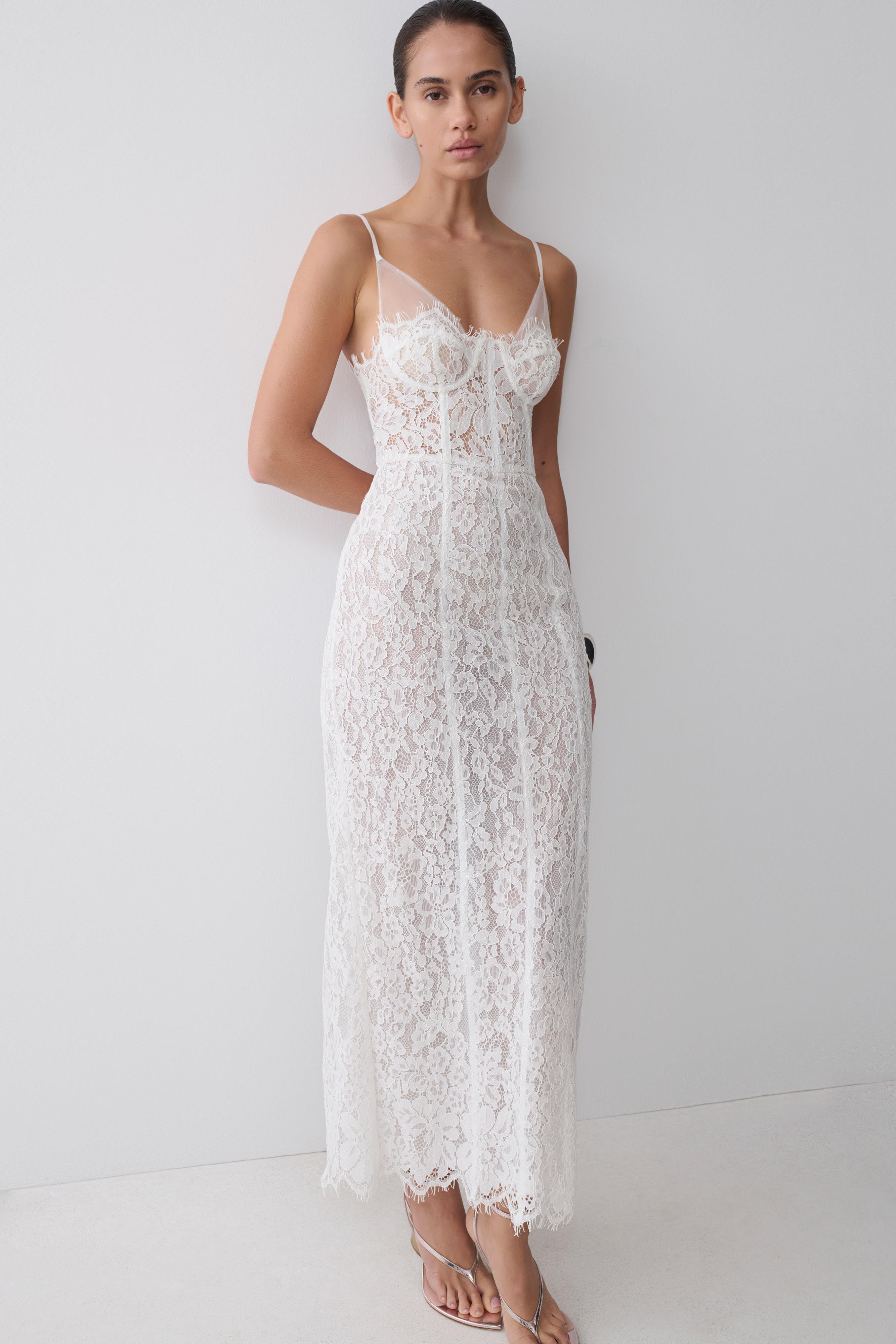 Ottilie Lace And Mesh Midi Dress in White – Chic&Drifts