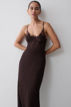 Ottilie Lace And Mesh Midi Dress in Dark Chocolate – Chic&Drifts
