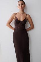 Ottilie Lace And Mesh Midi Dress in Dark Chocolate – Chic&Drifts