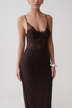 Ottilie Lace And Mesh Midi Dress in Dark Chocolate – Chic&Drifts