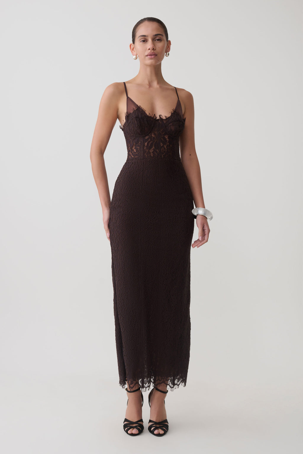 Ottilie Lace And Mesh Midi Dress in Dark Chocolate – Chic&Drifts