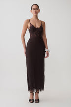 Ottilie Lace And Mesh Midi Dress in Dark Chocolate – Chic&Drifts