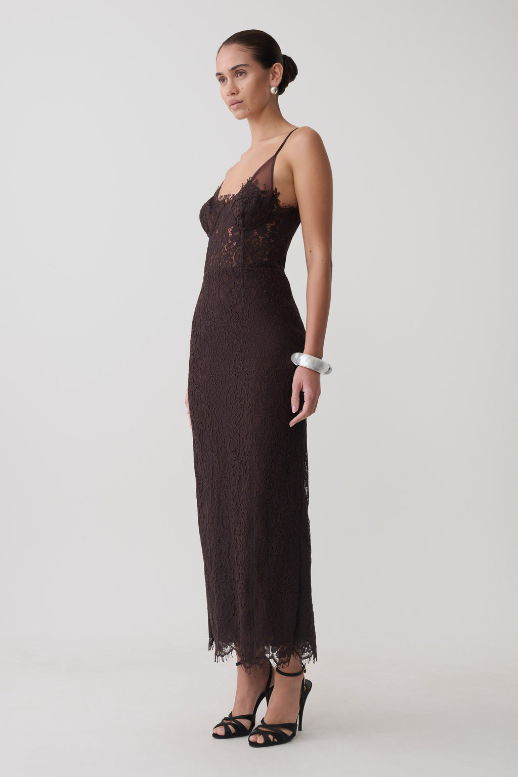 Ottilie Lace And Mesh Midi Dress in Dark Chocolate – Chic&Drifts