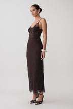 Ottilie Lace And Mesh Midi Dress in Dark Chocolate – Chic&Drifts