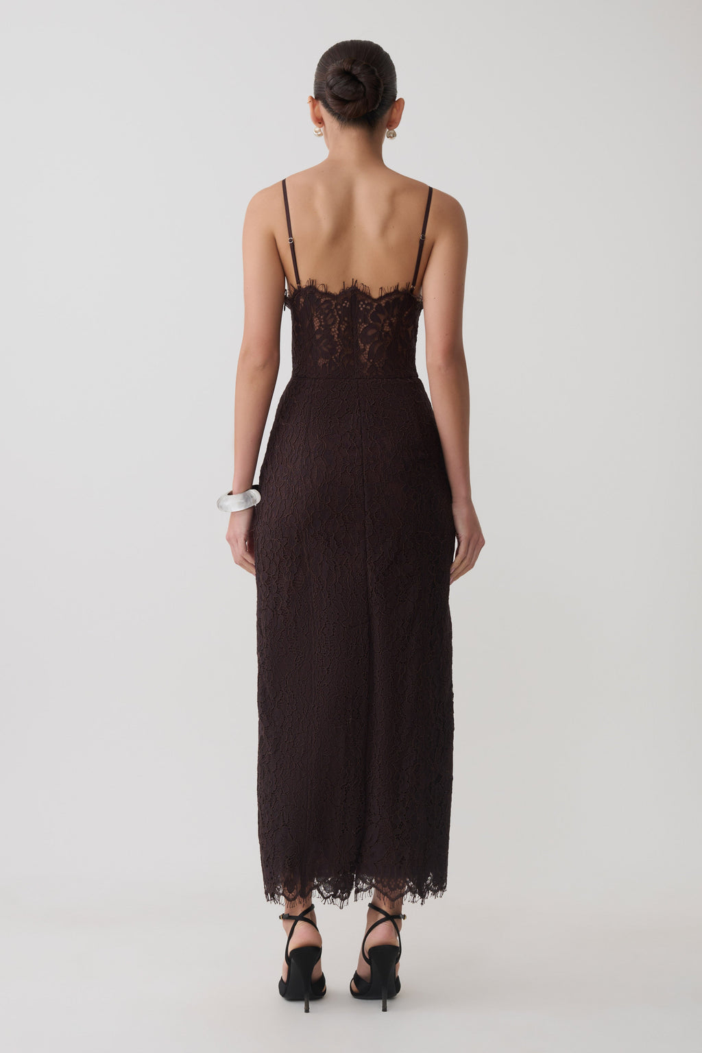 Ottilie Lace And Mesh Midi Dress in Dark Chocolate – Chic&Drifts