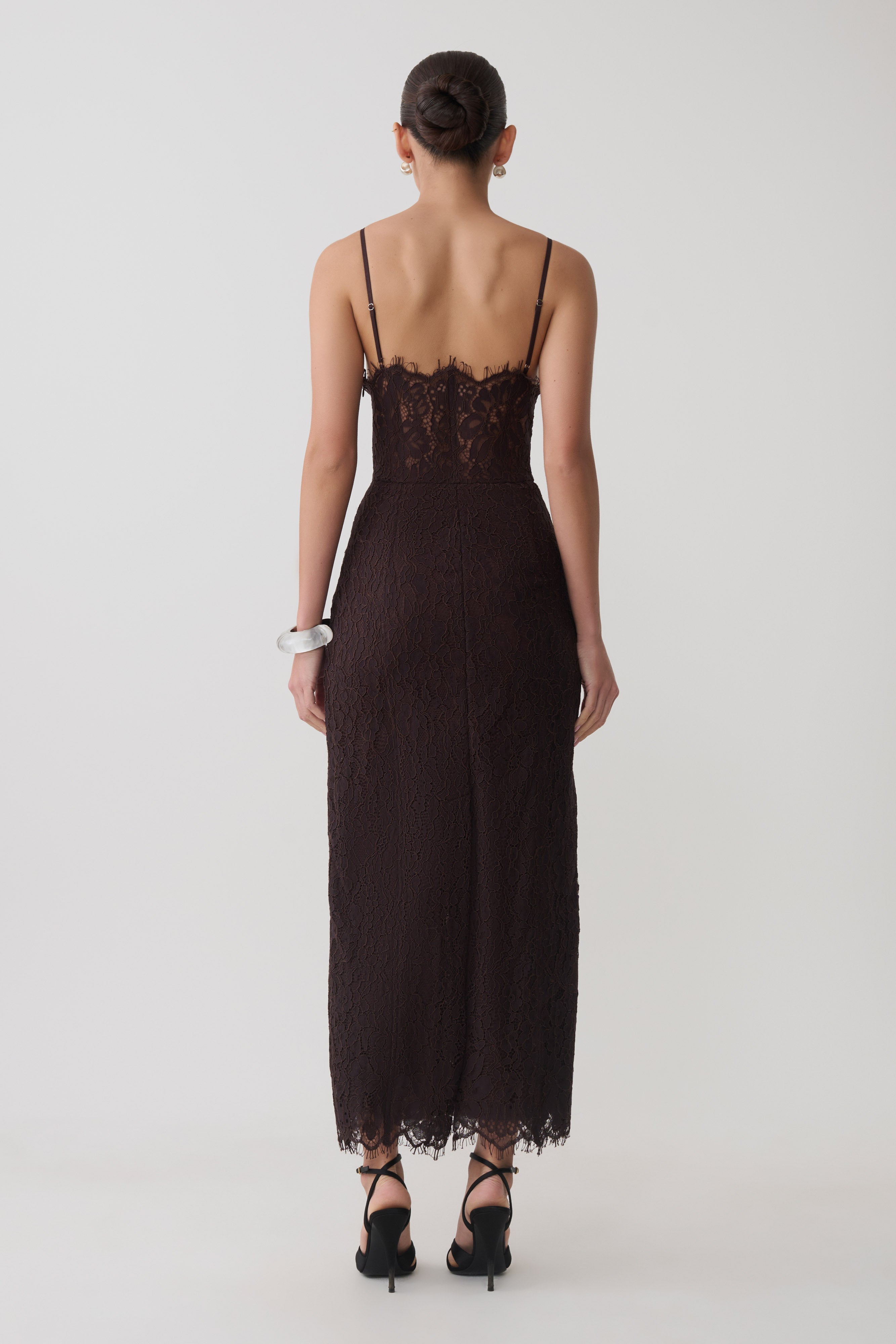 Ottilie Lace And Mesh Midi Dress in Dark Chocolate – Chic&Drifts