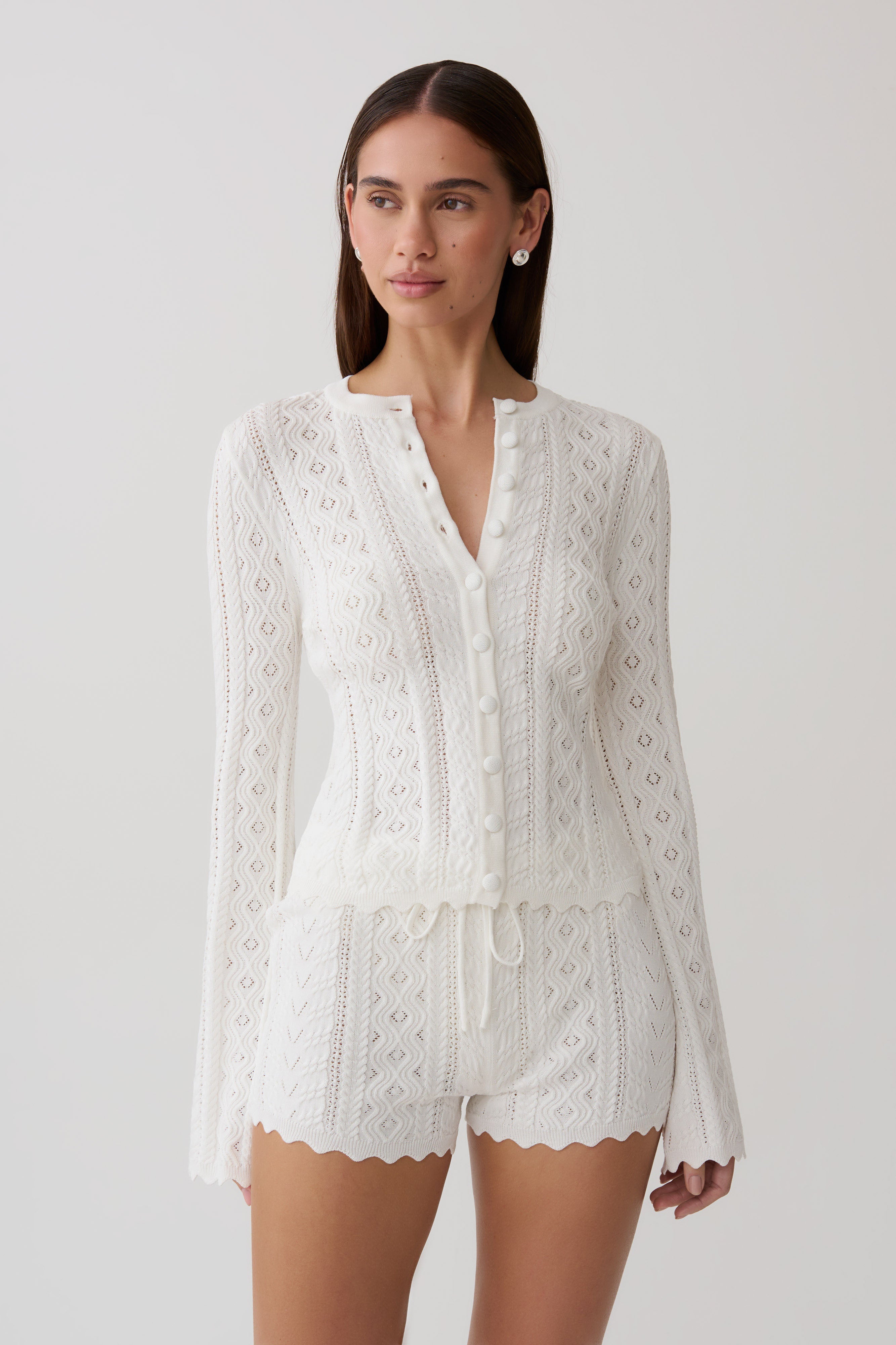 Darlene Pointelle Knit Long Sleeve Top in White – Chic&Drifts