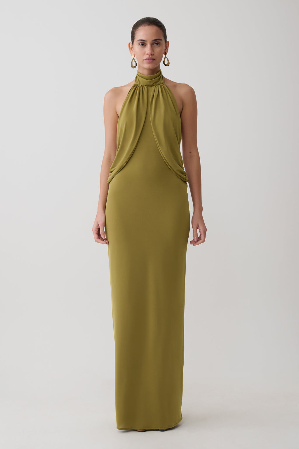 Joan Halter Neck Slinky Maxi Dress in Martini Olive – Chic&Drifts